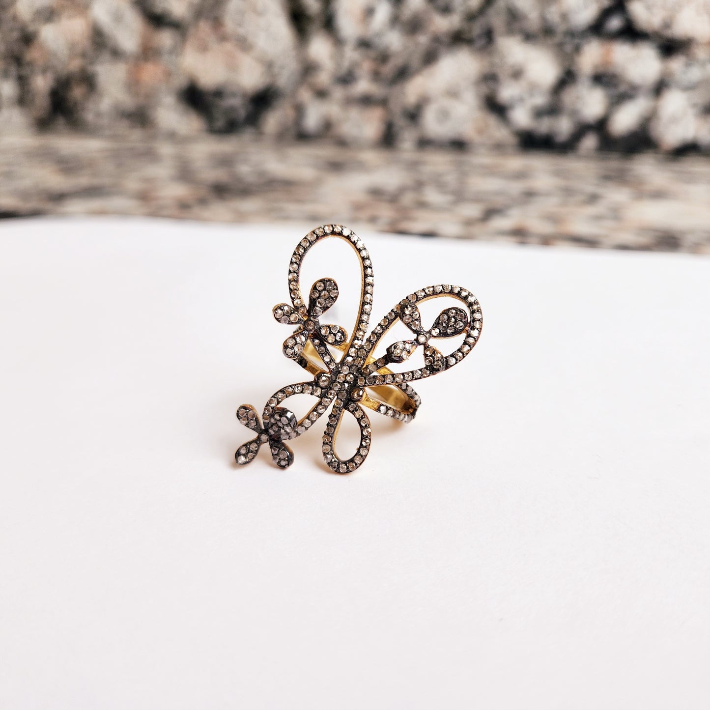 Lovely Floral Butterfly Ring With Diamond in silver