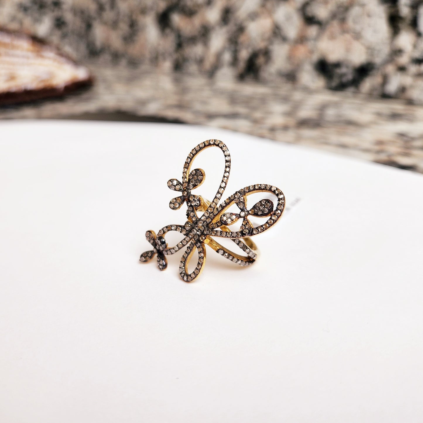 Lovely Floral Butterfly Ring With Diamond in silver