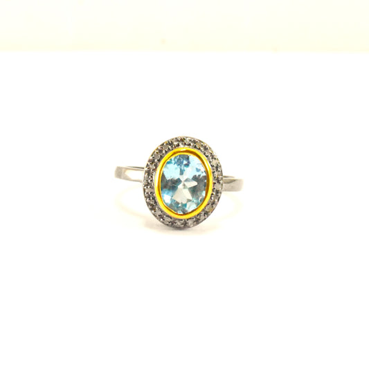 Elegant Beautiful Ring With Blue Topaz And Pave Diamond In 925 Sterling Silver