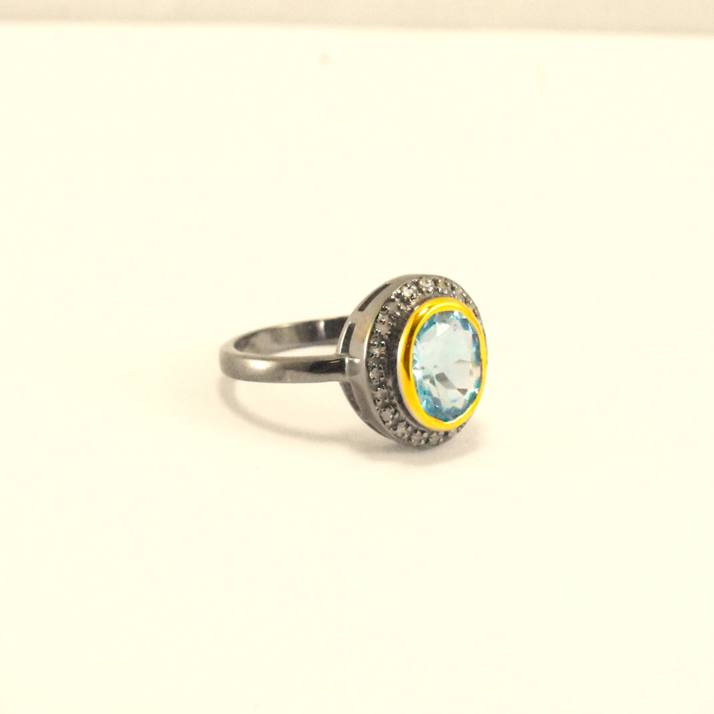 Elegant Beautiful Ring With Blue Topaz And Pave Diamond In 925 Sterling Silver