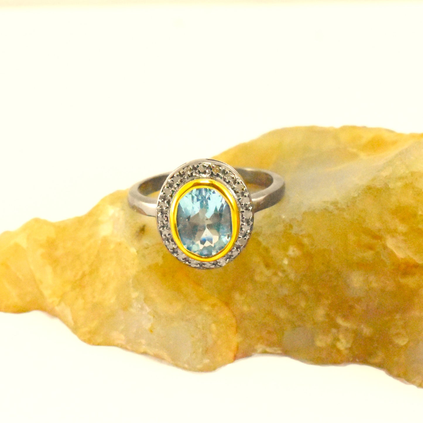 Elegant Beautiful Ring With Blue Topaz And Pave Diamond In 925 Sterling Silver