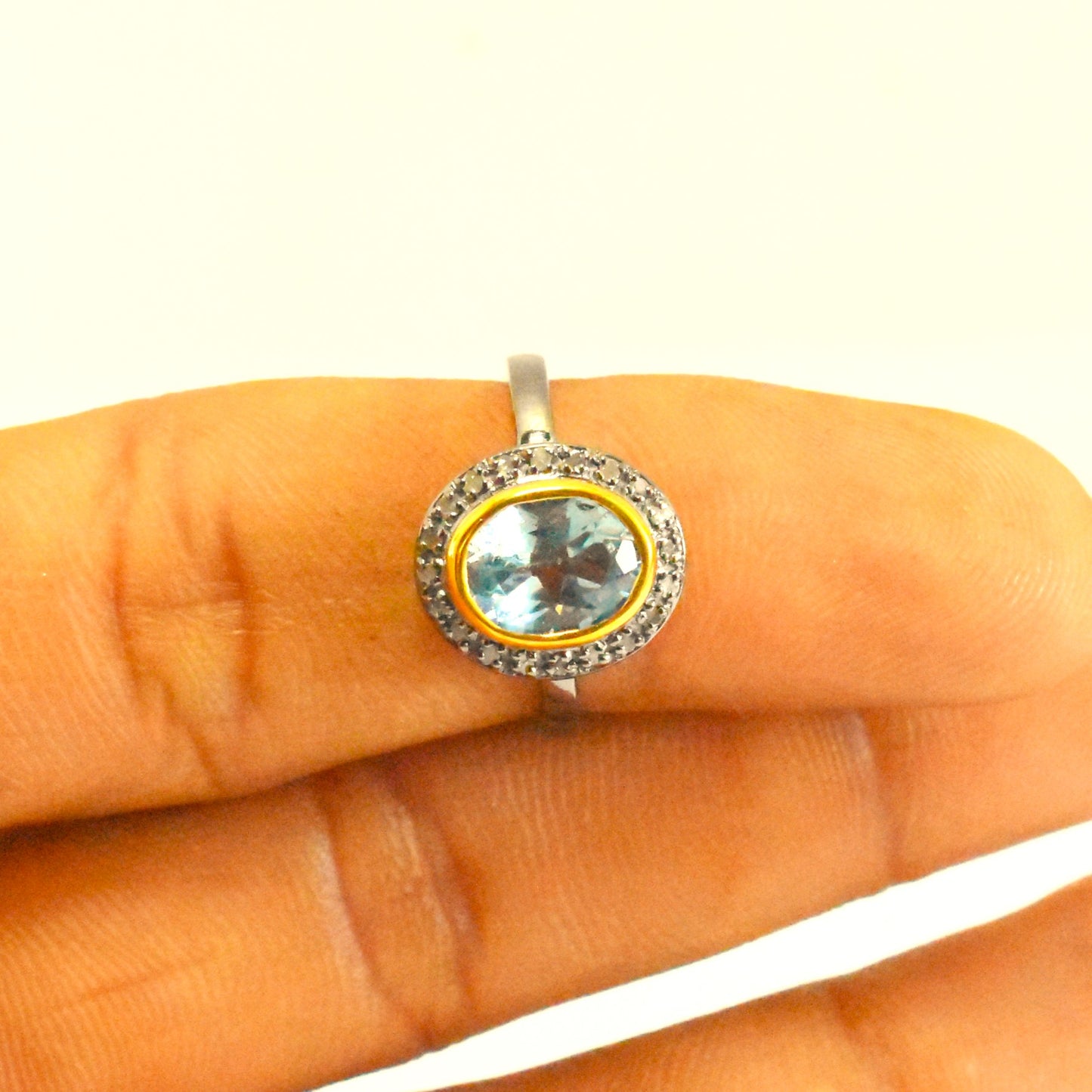 Elegant Beautiful Ring With Blue Topaz And Pave Diamond In 925 Sterling Silver