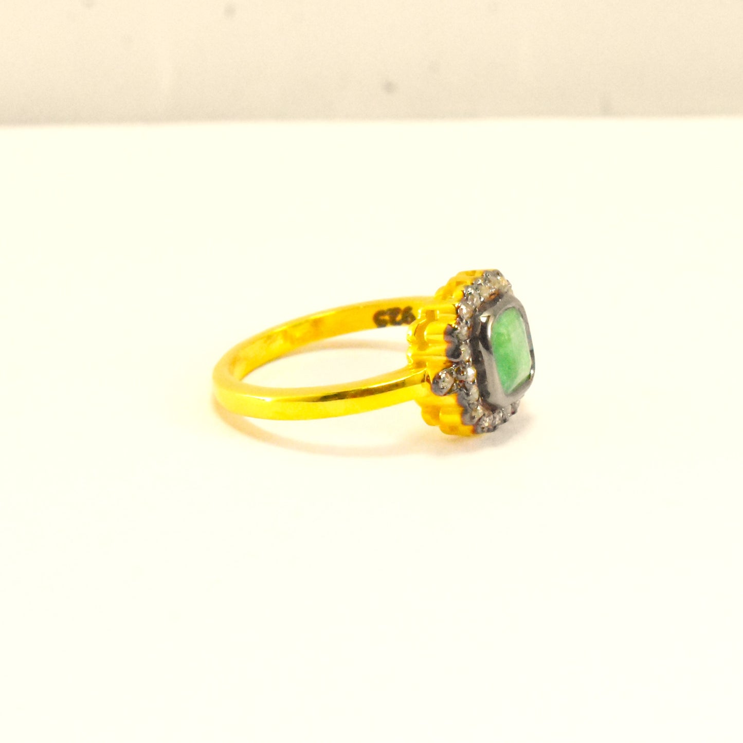 Royal Traditional Design Ring With Emerald And Pave Diamond In 925 Sterling Silver