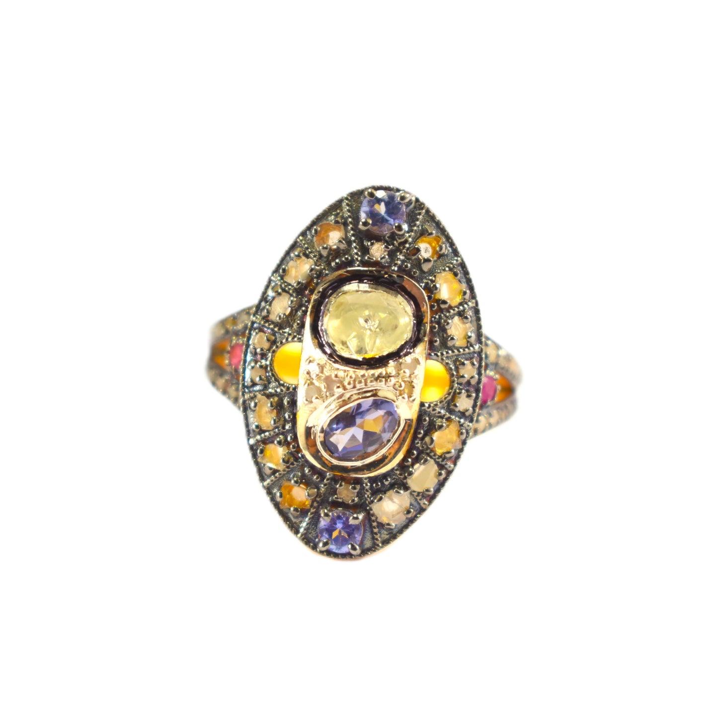 Unique Elegant Design Ring With Sapphire Ruby Polki And Pave Diamond In 925 Sterling Silver