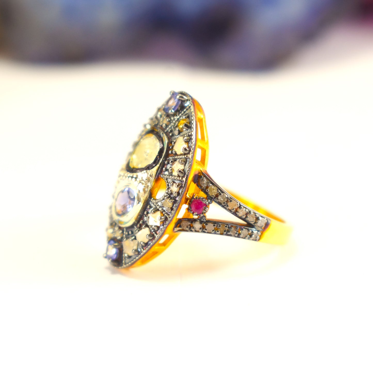 Unique Elegant Design Ring With Sapphire Ruby Polki And Pave Diamond In 925 Sterling Silver