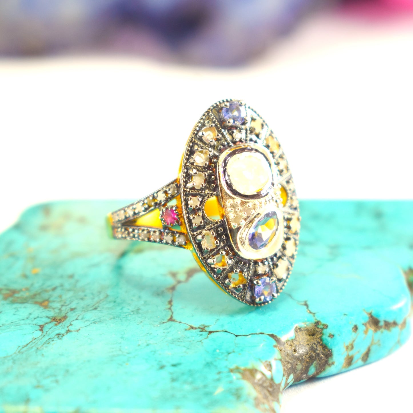 Unique Elegant Design Ring With Sapphire Ruby Polki And Pave Diamond In 925 Sterling Silver