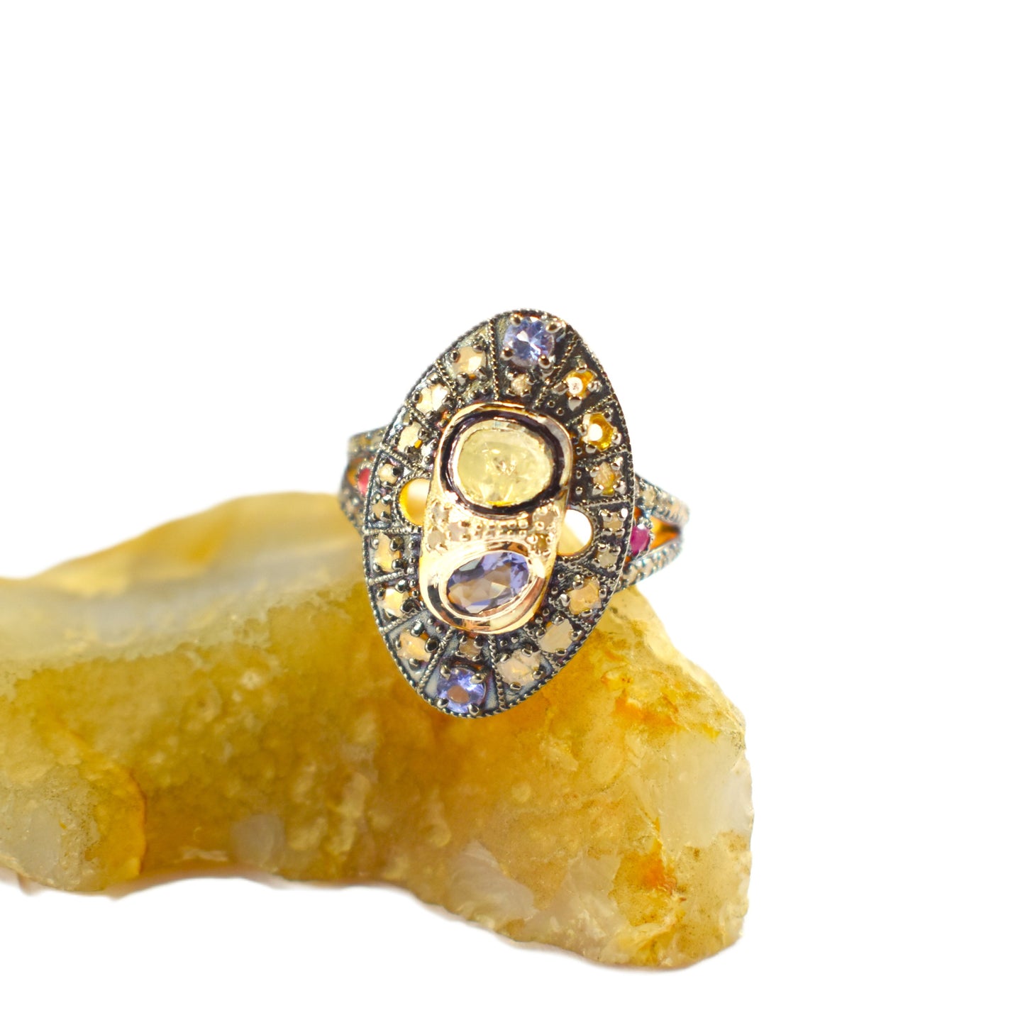 Unique Elegant Design Ring With Sapphire Ruby Polki And Pave Diamond In 925 Sterling Silver