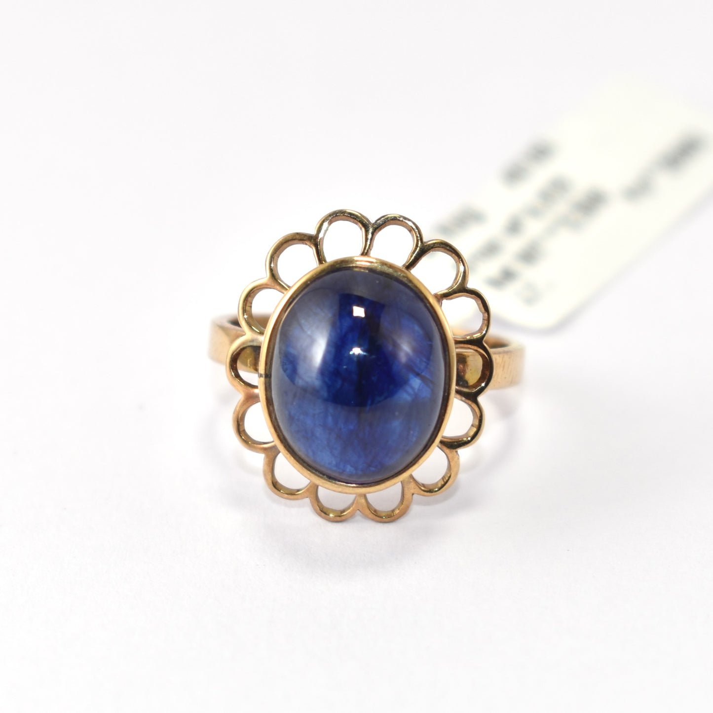 Big Cabution Blue Sapphire 9K Yellow Gold Ring In Floral Theme