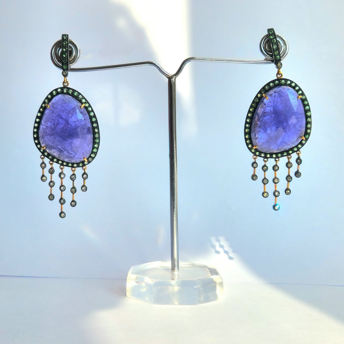Unique Dangling Earring With Diamond, Savorite And Tanzanite in Silver And Gold Mix