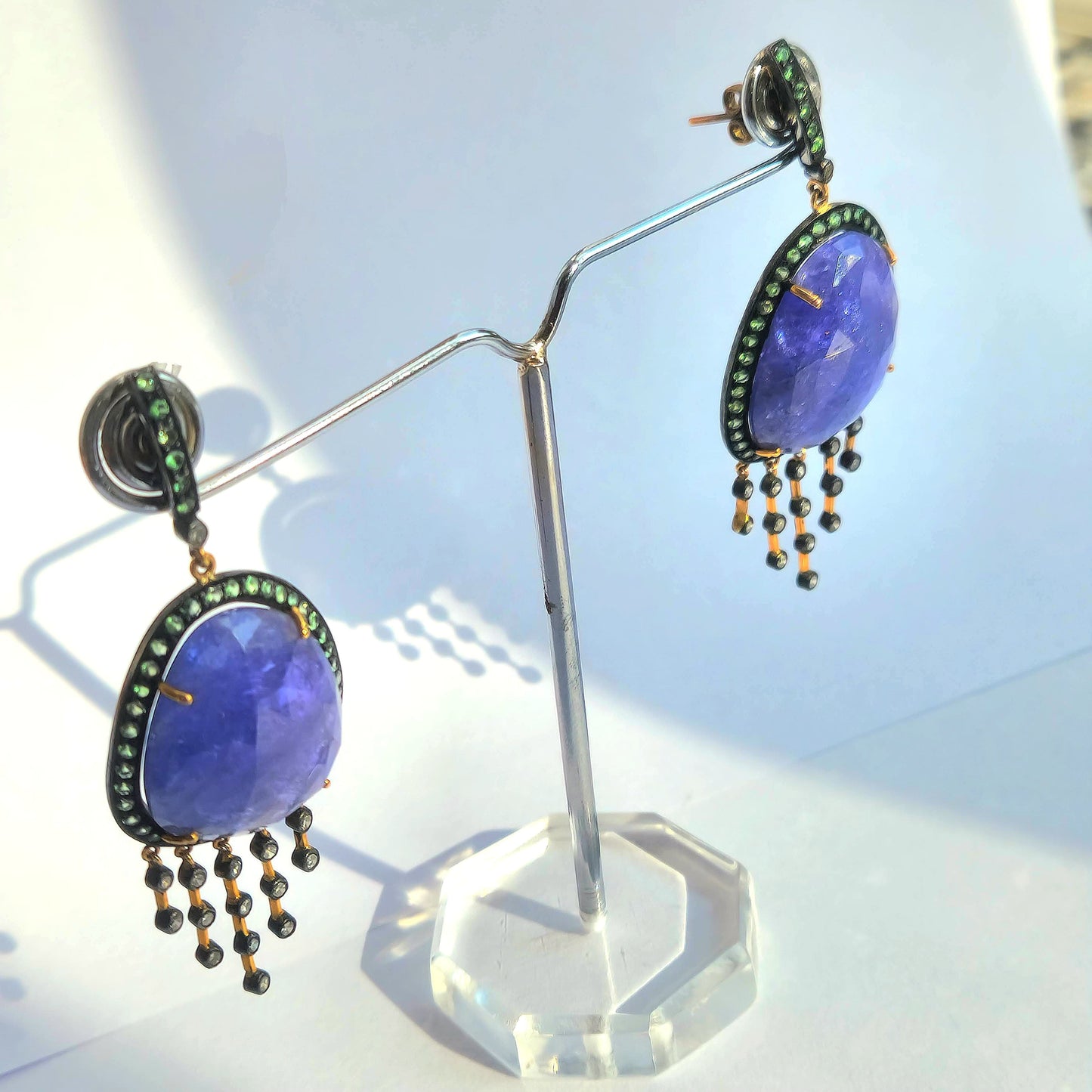 Unique Dangling Earring With Diamond, Savorite And Tanzanite in Silver And Gold Mix