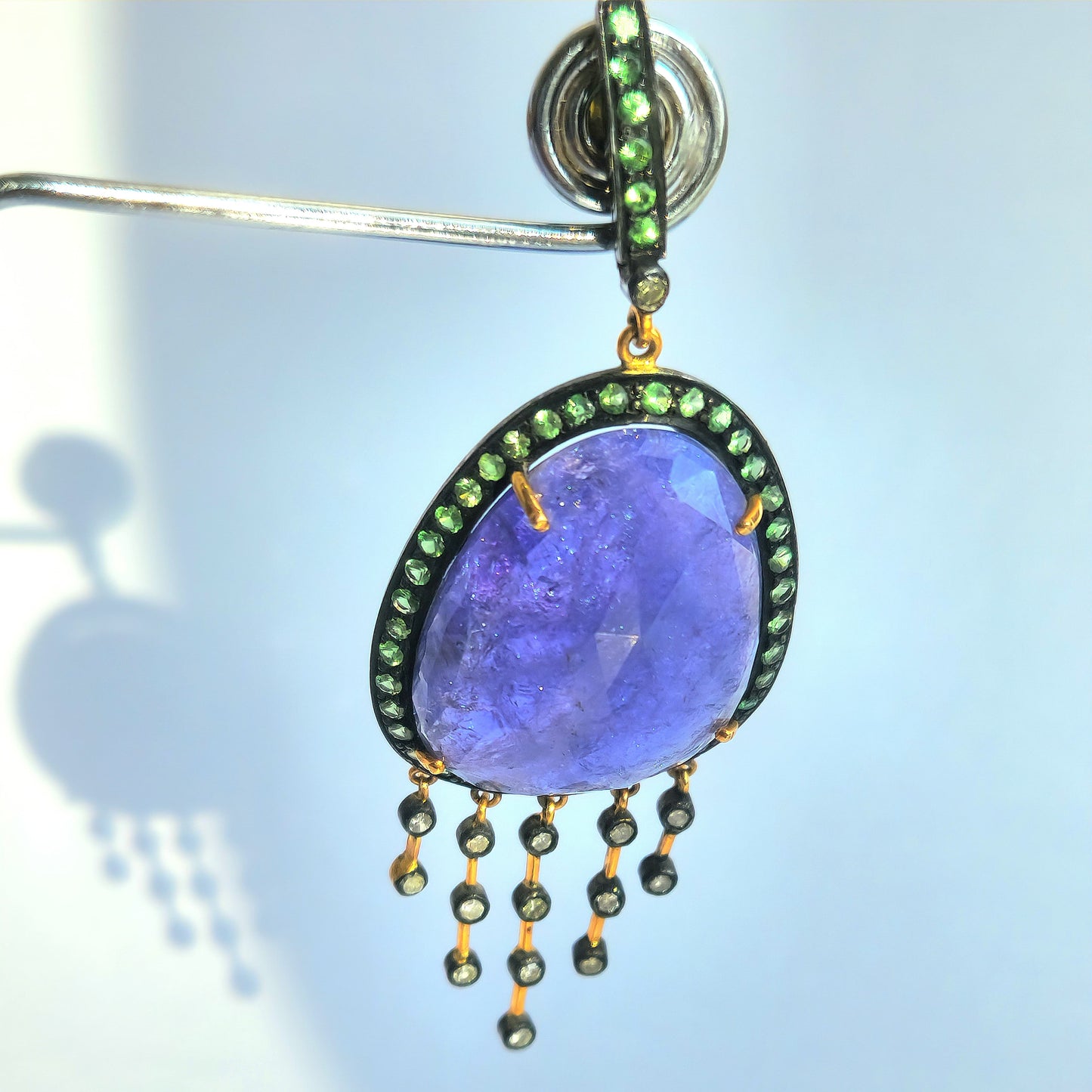 Unique Dangling Earring With Diamond, Savorite And Tanzanite in Silver And Gold Mix