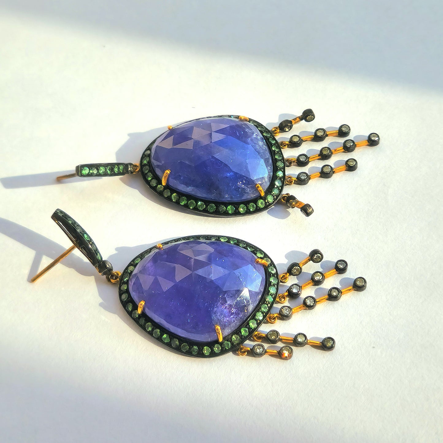 Unique Dangling Earring With Diamond, Savorite And Tanzanite in Silver And Gold Mix