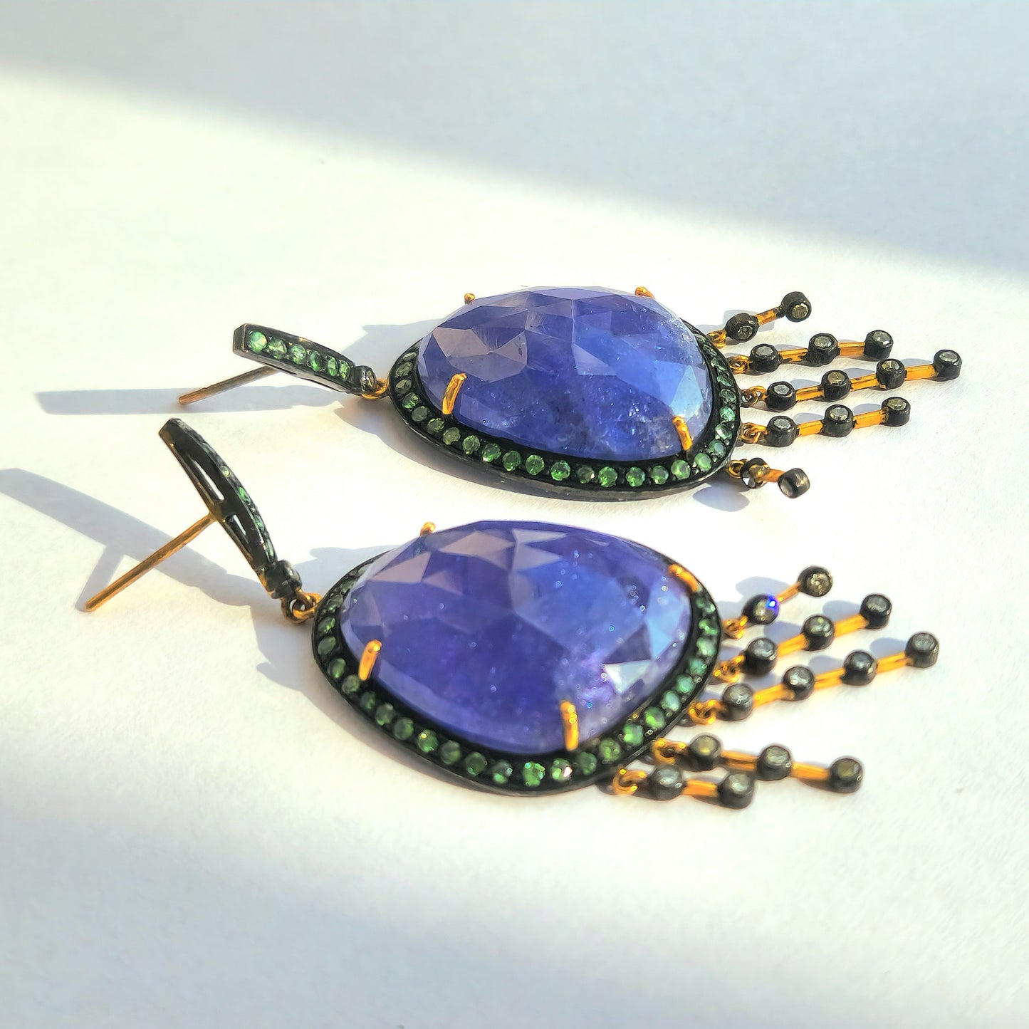 Unique Dangling Earring With Diamond, Savorite And Tanzanite in Silver And Gold Mix
