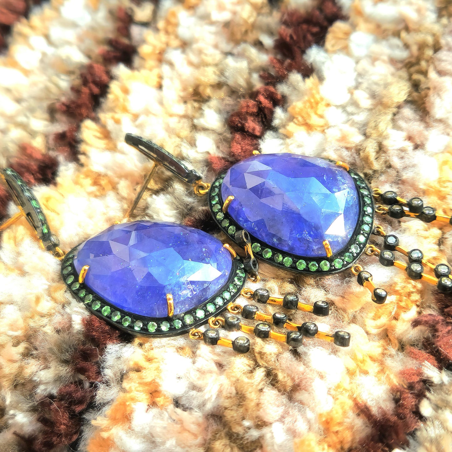 Unique Dangling Earring With Diamond, Savorite And Tanzanite in Silver And Gold Mix