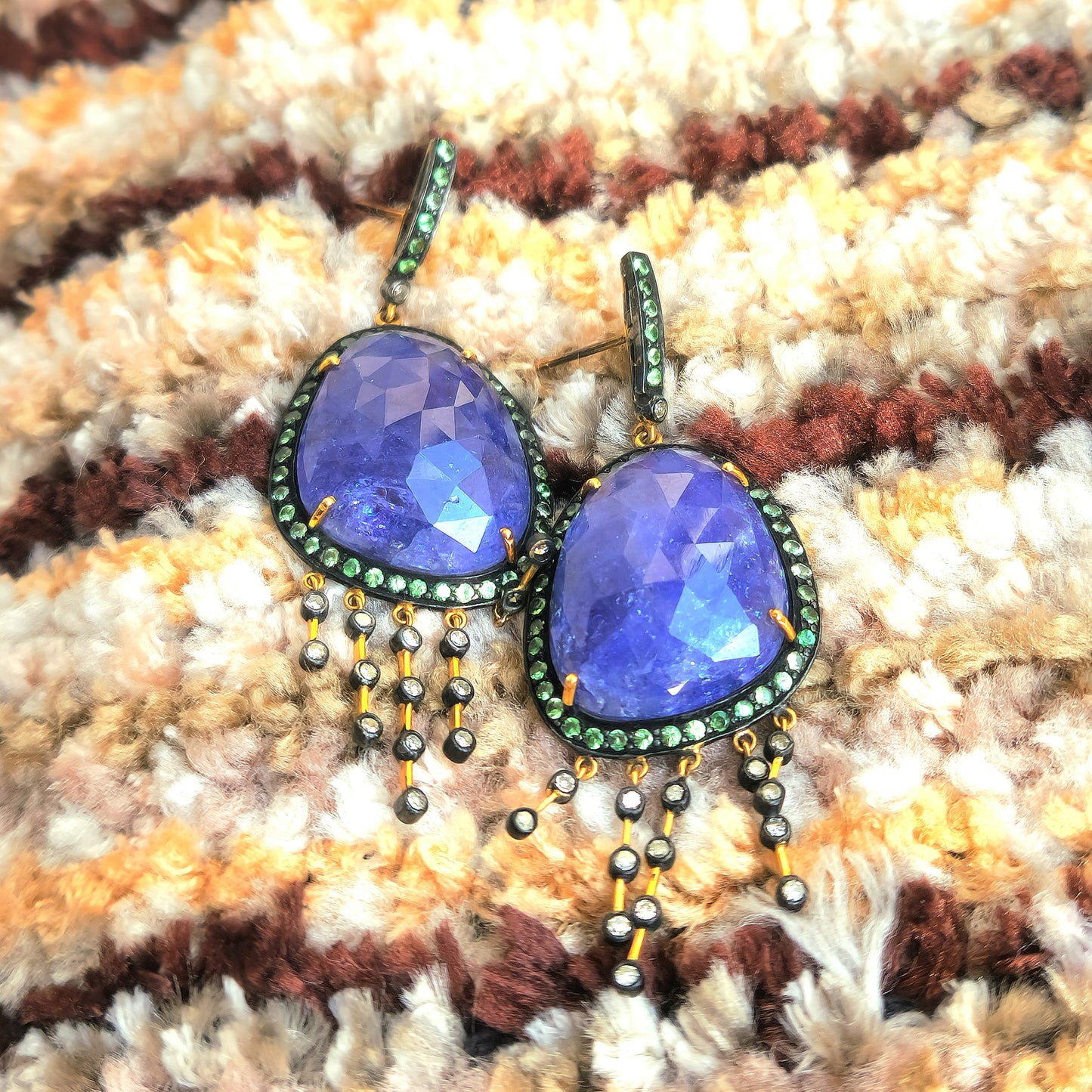 Unique Dangling Earring With Diamond, Savorite And Tanzanite in Silver And Gold Mix