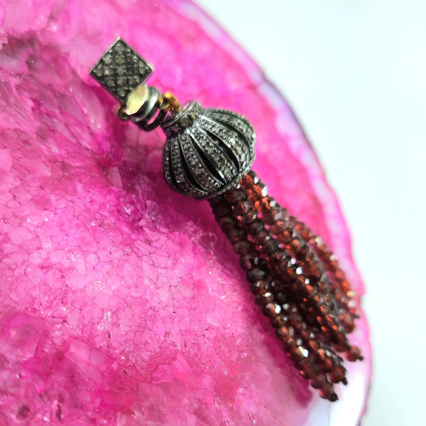 Special Custom Design Dangling Pendant With Diamond, Polki And Garnet in 925 Sterling Silver