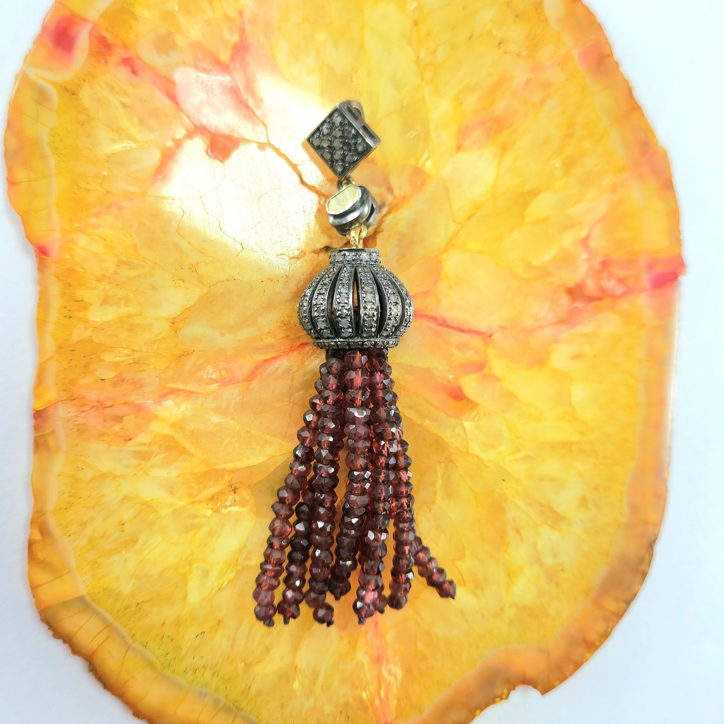 Special Custom Design Dangling Pendant With Diamond, Polki And Garnet in 925 Sterling Silver