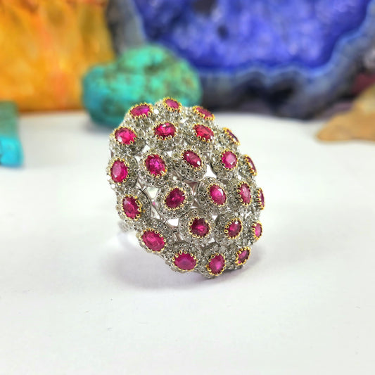 Big Nest Like Ring With Ruby And Diamond  In 14K White Gold