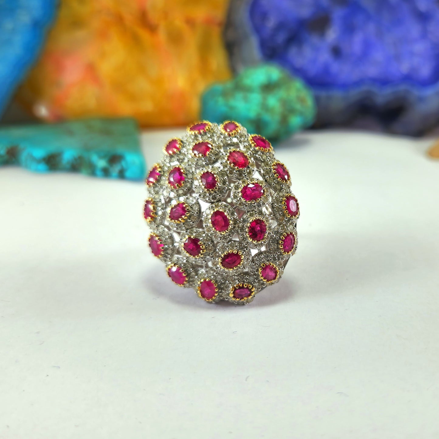 Big Nest Like Ring With Ruby And Diamond In 14K White Gold