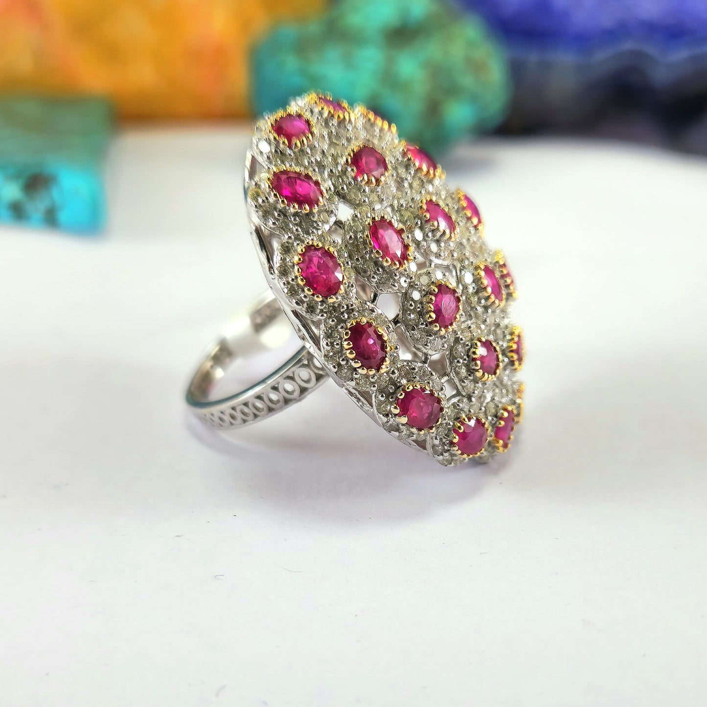 Big Nest Like Ring With Ruby And Diamond In 14K White Gold