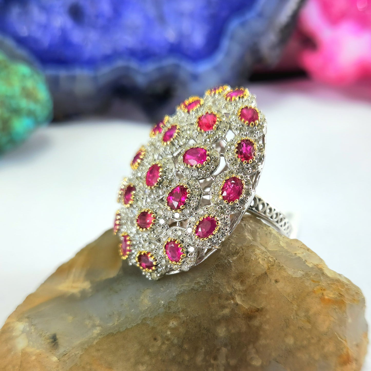 Big Nest Like Ring With Ruby And Diamond In 14K White Gold