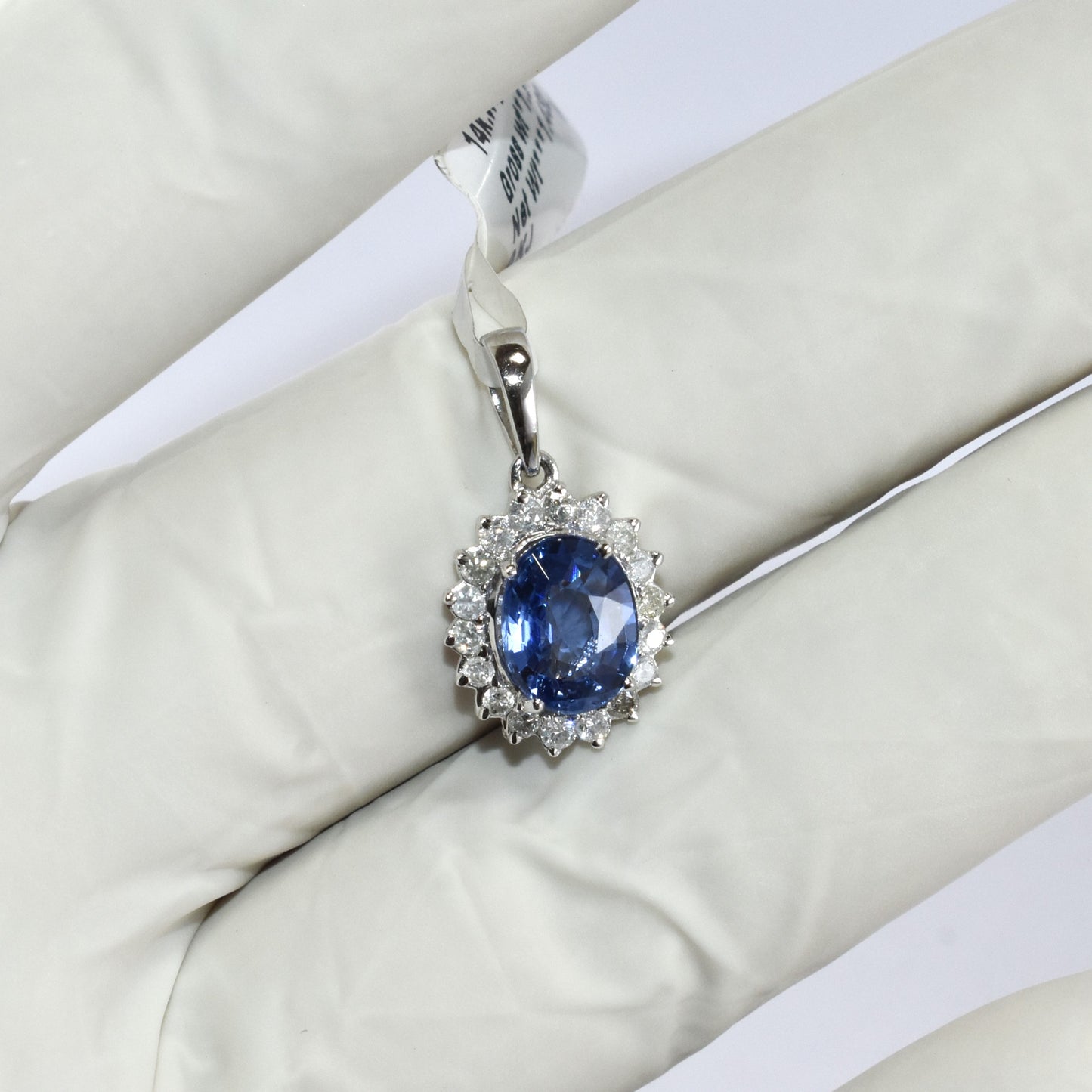 Elegant Sapphire & Diamond Cluster Design In 14K White Gold Pendant