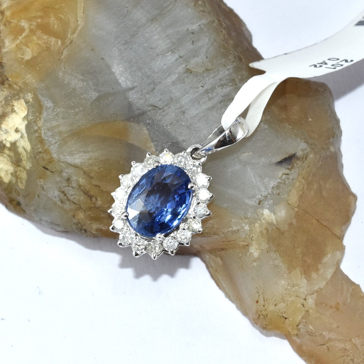 Elegant Sapphire & Diamond Cluster Design In 14K White Gold Pendant
