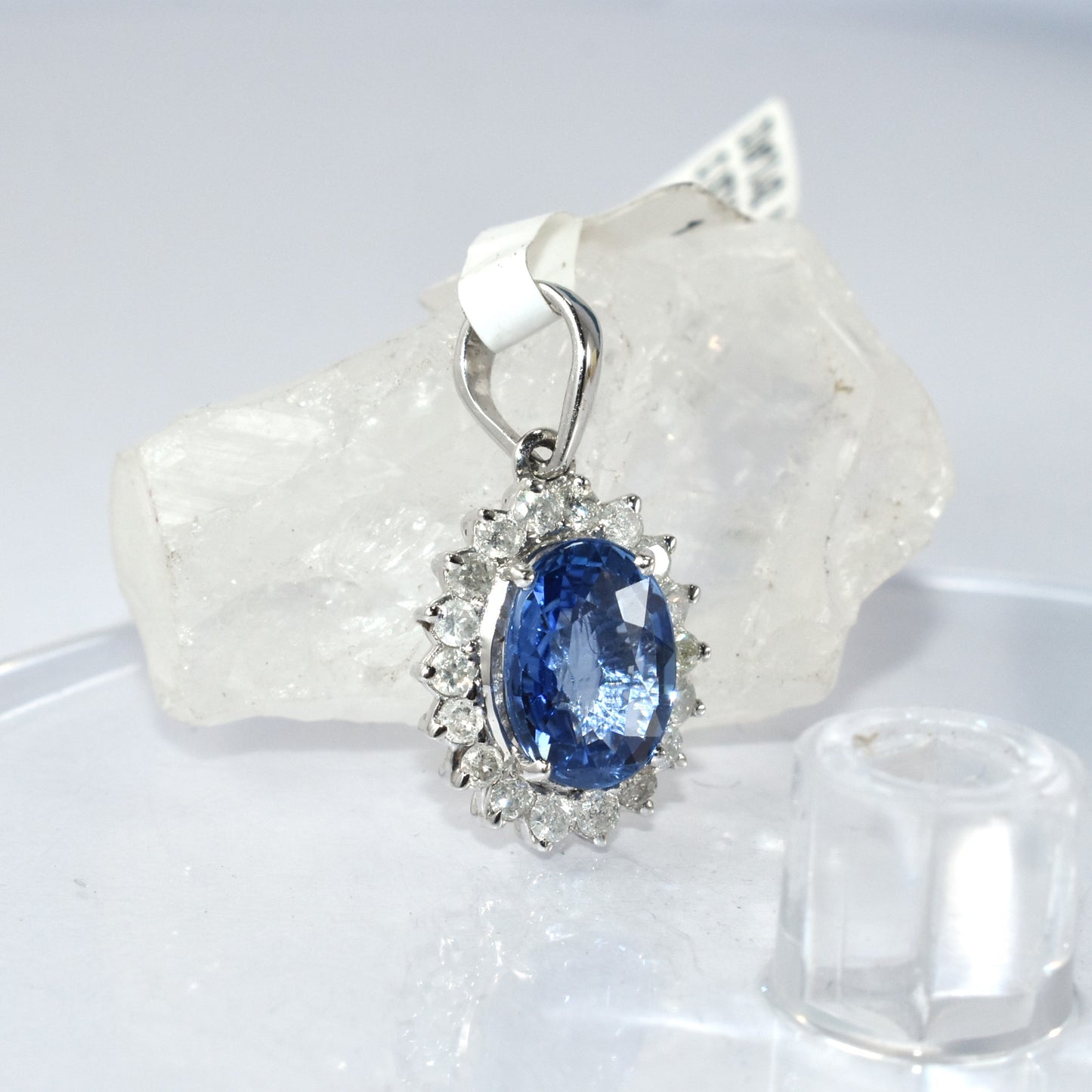 Elegant Sapphire & Diamond Cluster Design In 14K White Gold Pendant