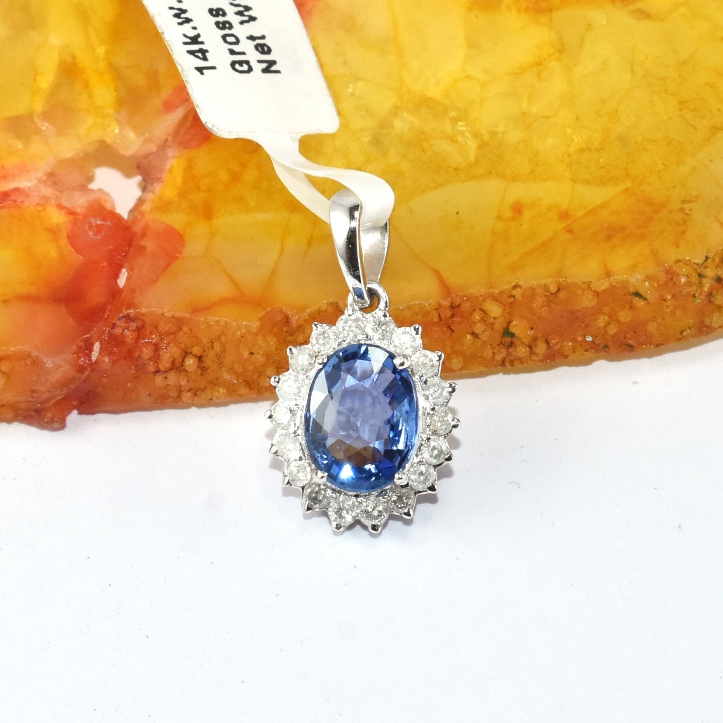 Elegant Sapphire & Diamond Cluster Design In 14K White Gold Pendant