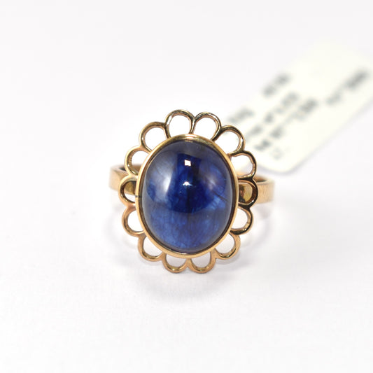 Big Cabution Blue Sapphire 9K Yellow Gold Ring In Floral Theme